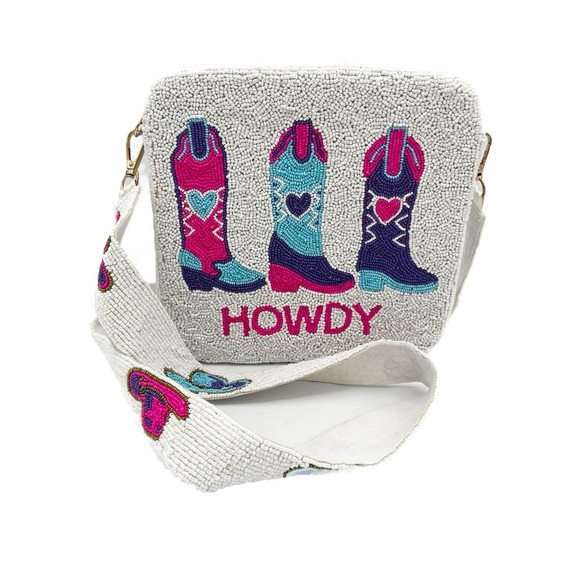 Howdy Western Cowboy Boot Beaded Box Zip Crossbody Bag in White - Picture 2 of 8